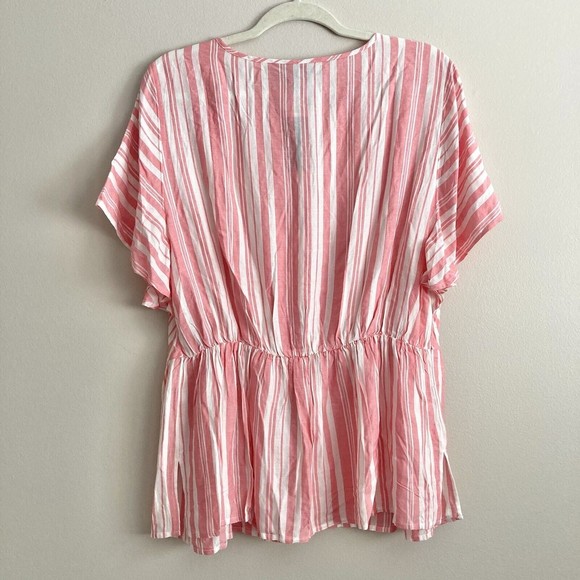 Lane Bryant Pink White Striped Babydoll Blouse Size 12 Button Flowy Short Sleeve - Picture 6 of 9